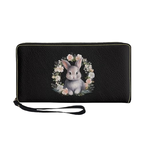 TOADDMOS Niedlicher Druck PU-Leder Geldbörse für Frauen, Damen-Geldbörsen Reißverschluss Münze & Karte Clutch Geldbörse mit Handschlaufe, Osterhase Floral, Casual von TOADDMOS