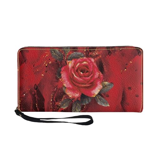 TOADDMOS Geldbörse mit bezauberndem Druck, PU-Leder, für Damen, Geldbörse, Reißverschluss, Münz- und Karten-Clutch, Geldbörse mit Handgelenkschlaufe, Roter Rosen-Marmor, Casual von TOADDMOS