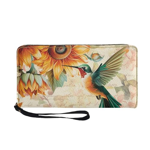 TOADDMOS Geldbörse mit bezauberndem Druck, PU-Leder, für Damen, Geldbörse, Reißverschluss, Münz- und Karten-Clutch, Geldbörse mit Handgelenkschlaufe, Sonnenblumenkolibri, Casual von TOADDMOS