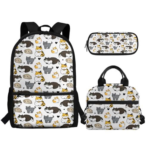 TOADDMOS Rucksack für Kinder, Mädchen, Jungen, Schultasche, Büchertaschen-Set mit Mittagessen, tragbar und Federmäppchen, Kawaii Katzenpuzzle, Rucksack, Rucksäcke von TOADDMOS