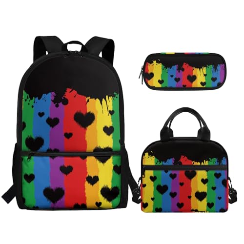 TOADDMOS Rucksack für Kinder, Mädchen, Jungen, Schultasche, Büchertaschen-Set mit Mittagessen, tragbar und Federmäppchen, Regenbogenherz, Rucksack, Rucksäcke von TOADDMOS