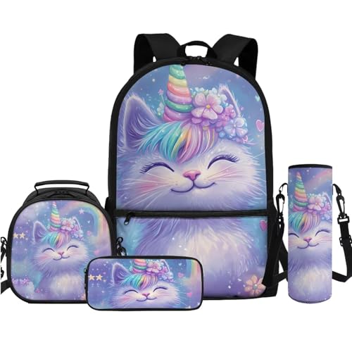 TOADDMOS Rucksack mit großem Fassungsvermögen, personalisierbar, für Jungen und Mädchen, 1–6. Klasse, Kinder, Schulanfang, Regenbogen-Katze, Rucksack Rucksäcke von TOADDMOS