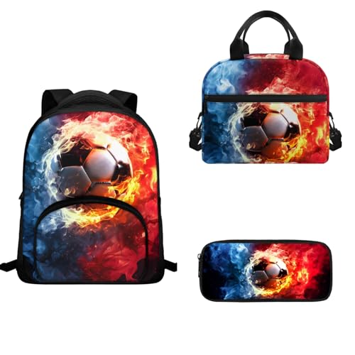 TOADDMOS Schulranzen-Set für Vorschule, Kindergarten, Schulranzen, 3-teilig, Kinder-Rucksack, Lunch-Tasche, Federmäppchen, Burning Fire Fußball, Schulranzen-Set von TOADDMOS