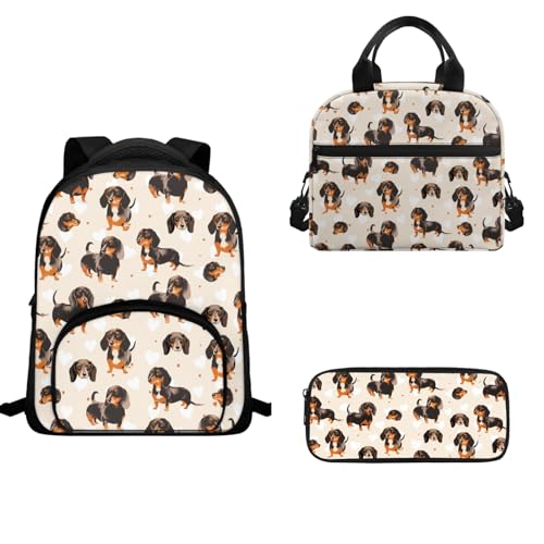 TOADDMOS Schulranzen-Set für Vorschule, Kindergarten, Schulranzen, 3-teilig, Kinder-Rucksack, Lunch-Tasche, Federmäppchen, Dackel Hund, Schulranzen-Set von TOADDMOS