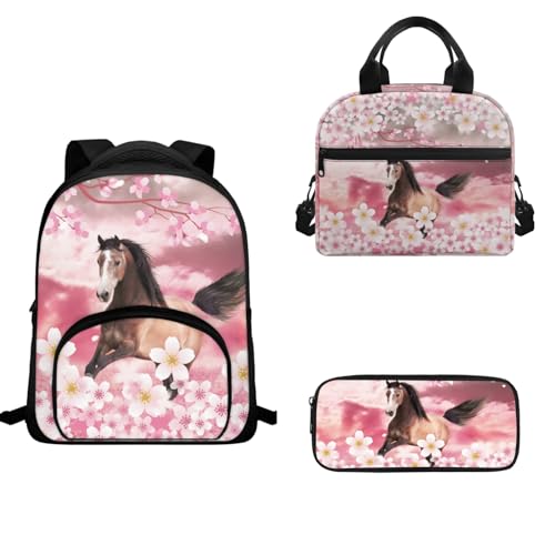 TOADDMOS Schulranzen-Set für Vorschule, Kindergarten, Schulranzen, 3-teilig, Kinder-Rucksack, Lunch-Tasche, Federmäppchen, Kirschblütenpferd, Schulranzen-Set von TOADDMOS