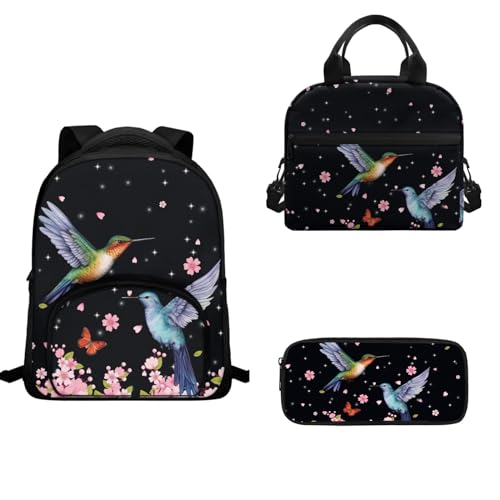 TOADDMOS Schulranzen-Set für Vorschule, Kindergarten, Schulranzen, 3-teilig, Kinder-Rucksack, Lunch-Tasche, Federmäppchen, Kolibri Blume, Schulranzen-Set von TOADDMOS