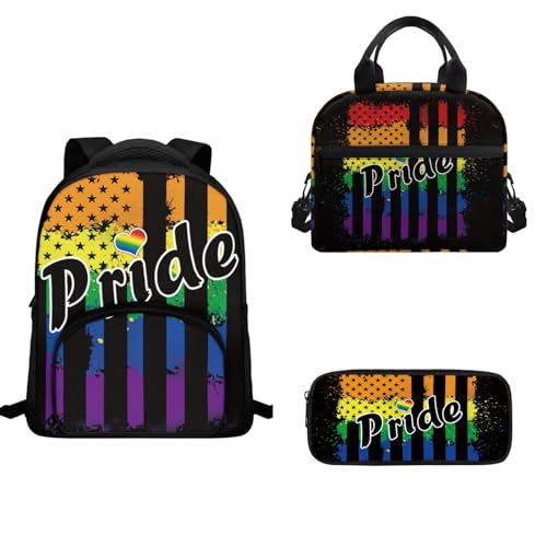 TOADDMOS Schulranzen-Set für Vorschule, Kindergarten, Schulranzen, 3-teilig, Kinder-Rucksack, Lunch-Tasche, Federmäppchen, Pride USA-Flagge, Schulranzen-Set von TOADDMOS