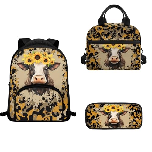 TOADDMOS Schulranzen-Set für Vorschule, Kindergarten, Schulranzen, 3-teilig, Kinder-Rucksack, Lunch-Tasche, Federmäppchen, Sonnenblume, Kuh, Leopard, Schulranzen-Set von TOADDMOS