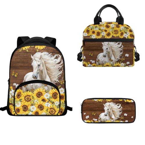 TOADDMOS Schulranzen-Set für Vorschule, Kindergarten, Schulranzen, 3-teilig, Kinder-Rucksack, Lunch-Tasche, Federmäppchen, Sonnenblumenpferd, Schulranzen-Set von TOADDMOS