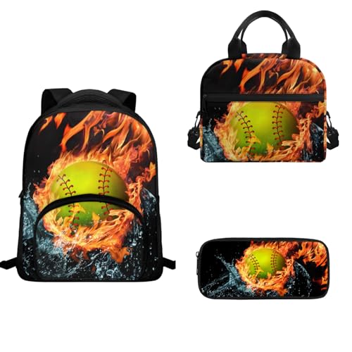 TOADDMOS Schulranzen-Set für Vorschule, Kindergarten, Schulranzen, 3-teilig, Kinder-Rucksack, Lunch-Tasche, Federmäppchen, Tennisball-Feuer, Schulranzen-Set von TOADDMOS