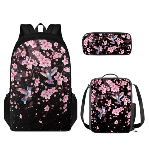 TOADDMOS Schulrucksack-Set für Kinder, 3-in-1, Teenager, Mädchen, Jungen, leichte Büchertasche mit Lunchtasche und Federmäppchen, Kirsch-Kolibri, Rucksack, Rucksäcke von TOADDMOS