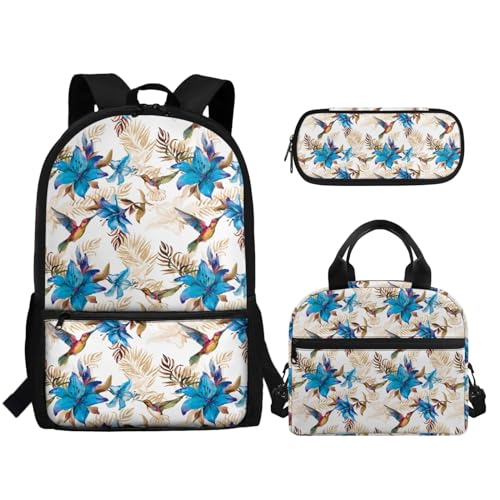 TOADDMOS Schulrucksack-Set für Kinder, 3-in-1, leichte Büchertasche mit tragbarer Stifthalter, Kolibri Blume, Rucksack, Rucksäcke von TOADDMOS