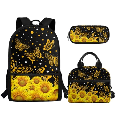 TOADDMOS Schulrucksack-Set für Kinder, 3-in-1, leichte Büchertasche mit tragbarer Stifthalter, Schmetterling Sonnenblume, Rucksack, Rucksäcke von TOADDMOS