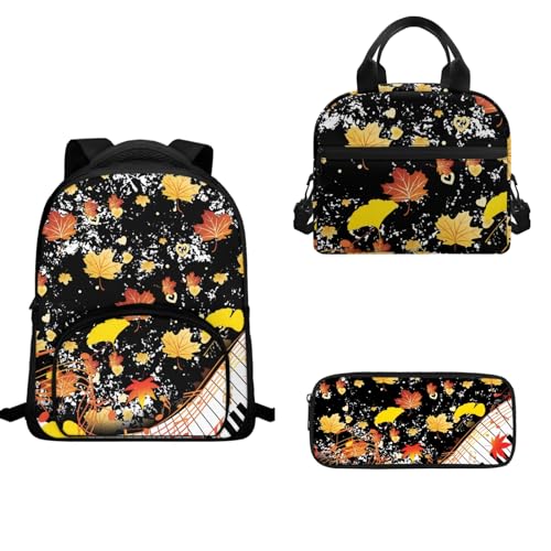 TOADDMOS Schulrucksack-Set für Kinder, Mädchen, Jungen, 3-teilig, Büchertasche, isolierte Lunchtasche und Stifthalter, Ahornblätter, Musiknoten, Schulranzen-Set von TOADDMOS