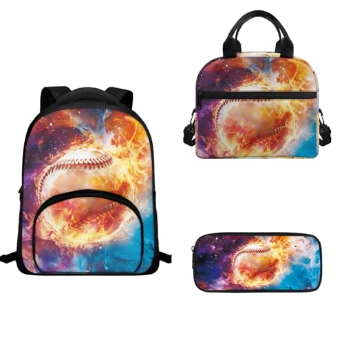 TOADDMOS Schulrucksack-Set für Kinder, Mädchen, Jungen, 3-teilig, Büchertasche, isolierte Lunchtasche und Stifthalter, Baseballball, Schulranzen-Set von TOADDMOS