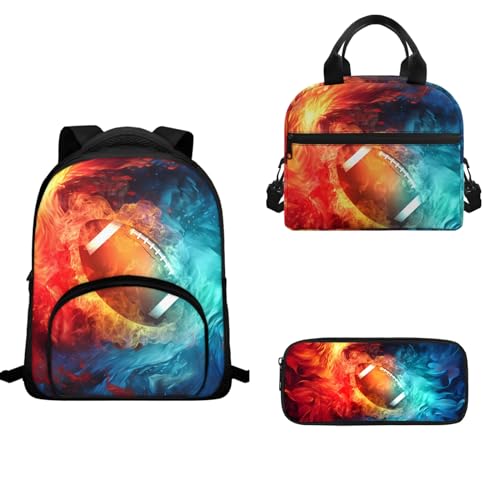 TOADDMOS Schulrucksack-Set für Kinder, Mädchen, Jungen, 3-teilig, Büchertasche, isolierte Lunchtasche und Stifthalter, Burning Fire Rugbyball, Schulranzen-Set von TOADDMOS