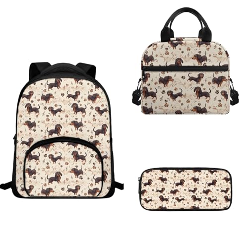 TOADDMOS Schulrucksack-Set für Kinder, Mädchen, Jungen, 3-teilig, Büchertasche, isolierte Lunchtasche und Stifthalter, Dackel Hund, Schulranzen-Set von TOADDMOS