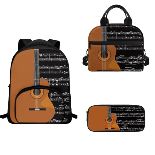 TOADDMOS Schulrucksack-Set für Kinder, Mädchen, Jungen, 3-teilig, Büchertasche, isolierte Lunchtasche und Stifthalter, Gitarren-Musiknoten, Schulranzen-Set von TOADDMOS