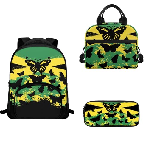 TOADDMOS Schulrucksack-Set für Kinder, Mädchen, Jungen, 3-teilig, Büchertasche, isolierte Lunchtasche und Stifthalter, Jamaikanische Flagge, Schmetterling, Schulranzen-Set von TOADDMOS