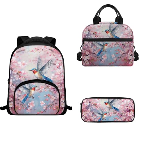 TOADDMOS Schulrucksack-Set für Kinder, Mädchen, Jungen, 3-teilig, Büchertasche, isolierte Lunchtasche und Stifthalter, Kolibri Blume, Schulranzen-Set von TOADDMOS