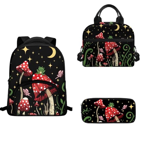 TOADDMOS Schulrucksack-Set für Kinder, Mädchen, Jungen, 3-teilig, Büchertasche, isolierte Lunchtasche und Stifthalter, Nachtpilz, Schulranzen-Set von TOADDMOS