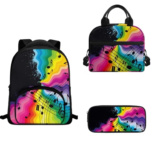 TOADDMOS Schulrucksack-Set für Kinder, Mädchen, Jungen, 3-teilig, Büchertasche, isolierte Lunchtasche und Stifthalter, Regenbogen-Musiknoten, Schulranzen-Set von TOADDMOS