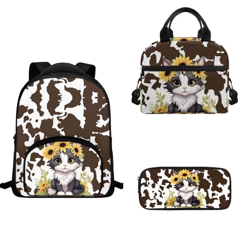 TOADDMOS Schulrucksack-Set für Kinder, Mädchen, Jungen, 3-teilig, Büchertasche, isolierte Lunchtasche und Stifthalter, Sonnenblumenkatze, Kuh, Schulranzen-Set von TOADDMOS