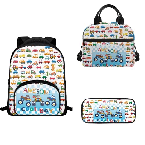 TOADDMOS Schulrucksack-Set für Kinder, Mädchen, Jungen, 3-teilig, Büchertasche, isolierte Lunchtasche und Stifthalter, Tolles Schulauto, Schulranzen-Set von TOADDMOS