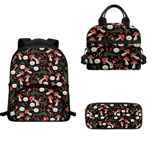 TOADDMOS Schulrucksack-Set für Kinder, Mädchen, Jungen, 3-teilig, Büchertasche, isolierte Lunchtasche und Stifthalter, mushroom, Schulranzen-Set von TOADDMOS