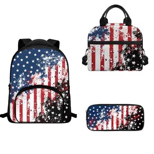 TOADDMOS Schulrucksack-Set für Kinder, Mädchen, Jungen, 3-teilig, Büchertasche, isolierte Lunchtasche und Stifthalter, usa-flagge, Schulranzen-Set von TOADDMOS