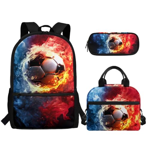 TOADDMOS Schulrucksack für Mädchen und Jungen, große Kapazität, Schultasche mit Lunchbox, Federmäppchen, 3 Stück, Burning Fire Fußball, Rucksack, Rucksäcke von TOADDMOS