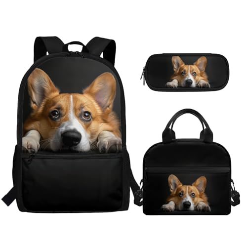 TOADDMOS Schulrucksack für Mädchen und Jungen, große Kapazität, Schultasche mit Lunchbox, Federmäppchen, 3 Stück, Corgi Dog, Rucksack, Rucksäcke von TOADDMOS