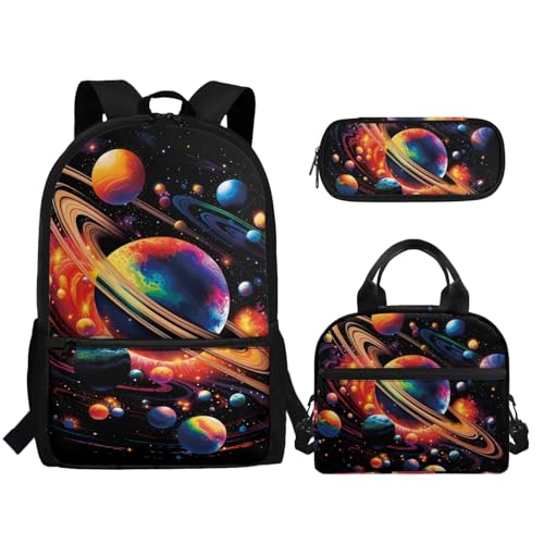 TOADDMOS Schulrucksack für Mädchen und Jungen, große Kapazität, Schultasche mit Lunchbox, Federmäppchen, 3 Stück, Universum Space Planet, Rucksack, Rucksäcke von TOADDMOS