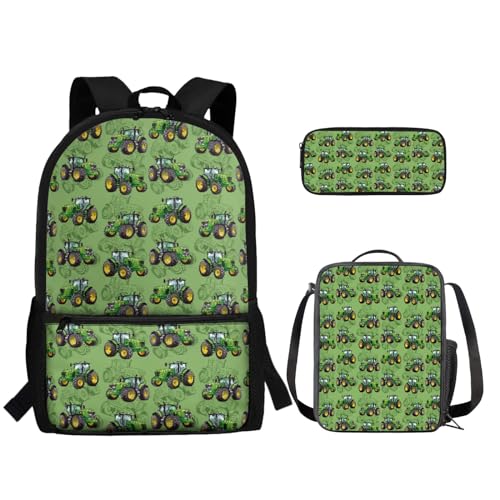 TOADDMOS Schultaschen-Set für Kinder, Mädchen, Jungen, Grundschüler, Büchertasche mit Lunchtasche, Federmäppchen, 3-in-1, Green Farm Traktor, Rucksack, Rucksäcke von TOADDMOS