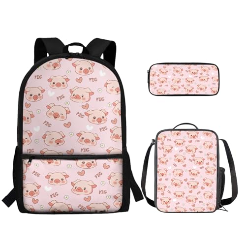 TOADDMOS Schultaschen-Set für Kinder, Mädchen, Jungen, Grundschüler, Büchertasche mit Lunchtasche, Federmäppchen, 3-in-1, Rosa, Schwein, Rucksack, Rucksäcke von TOADDMOS