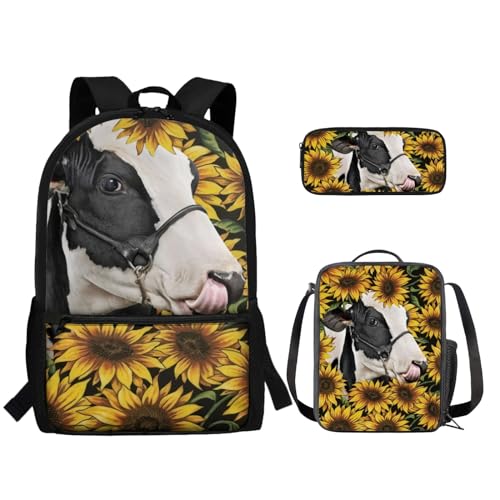 TOADDMOS Schultaschen-Set für Kinder, Mädchen, Jungen, Grundschüler, Büchertasche mit Lunchtasche, Federmäppchen, 3-in-1, Sonnenblumenkuh, Rucksack, Rucksäcke von TOADDMOS