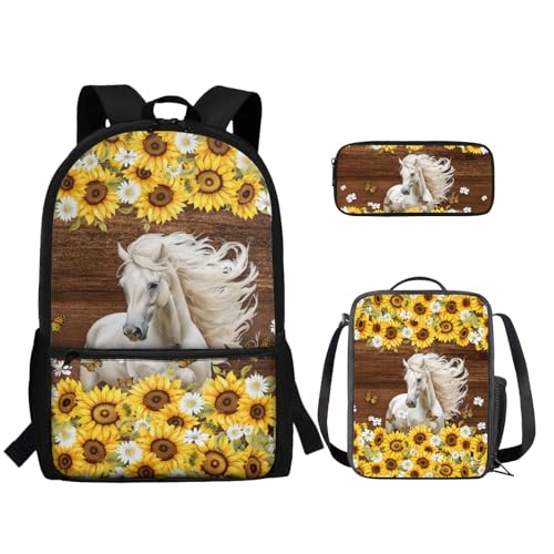 TOADDMOS Schultaschen-Set für Kinder, Mädchen, Jungen, Grundschüler, Büchertasche mit Lunchtasche, Federmäppchen, 3-in-1, Sonnenblumenpferd, Rucksack, Rucksäcke von TOADDMOS