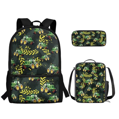 TOADDMOS Schultaschen-Set für Kinder, Mädchen, Jungen, Grundschüler, Büchertasche mit Lunchtasche, Federmäppchen, 3-in-1, Traktor-Kofferraum, Rucksack, Rucksäcke von TOADDMOS