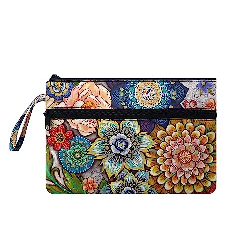 TOADDMOS Schwarze Katze Frauen Männer Handtaschen mit Handgelenk, Reise Outdoor Lagerung Handtaschen Doppel Reißverschluss Make Up Taschen Große Kapazität, Boho Floral, Small von TOADDMOS