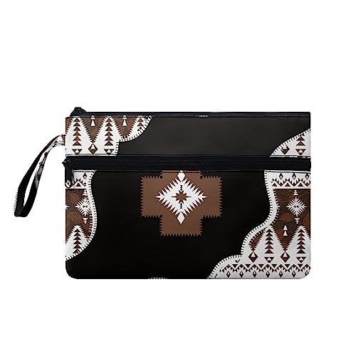 TOADDMOS Schwarze Katze Frauen Männer Handtaschen mit Handgelenk, Reise Outdoor Lagerung Handtaschen Doppel Reißverschluss Make Up Taschen Große Kapazität, Braune Azteken-Geometrie, M von TOADDMOS