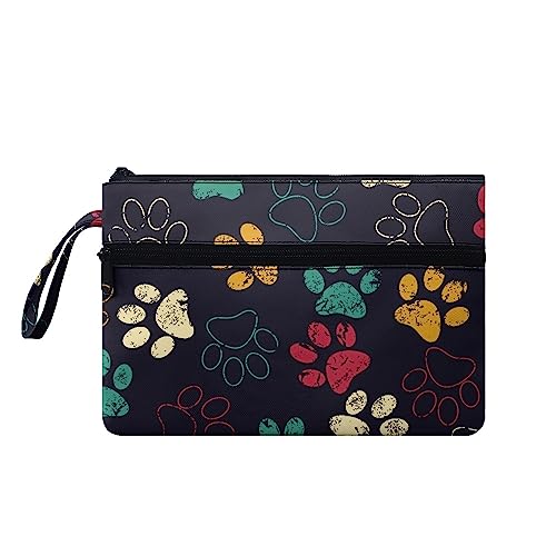 TOADDMOS Schwarze Katze Frauen Männer Handtaschen mit Handgelenk, Reise Outdoor Lagerung Handtaschen Doppel Reißverschluss Make Up Taschen Große Kapazität, Bunte Hundepfote., M von TOADDMOS