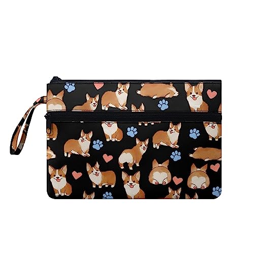 TOADDMOS Schwarze Katze Frauen Männer Handtaschen mit Handgelenk, Reise Outdoor Lagerung Handtaschen Doppel Reißverschluss Make Up Taschen Große Kapazität, Corgi Hundepfote, M von TOADDMOS