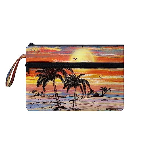 TOADDMOS Schwarze Katze Frauen Männer Handtaschen mit Handgelenk, Reise Outdoor Lagerung Handtaschen Doppel Reißverschluss Make Up Taschen Große Kapazität, Hawaiianische Sonnenuntergang-Palme, M von TOADDMOS