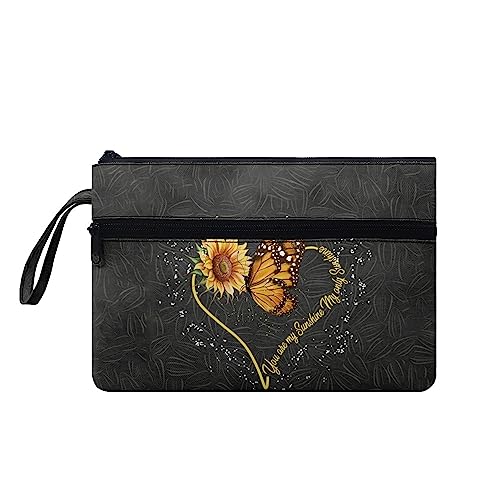 TOADDMOS Schwarze Katze Frauen Männer Handtaschen mit Handgelenk, Reise Outdoor Lagerung Handtaschen Doppel Reißverschluss Make Up Taschen Große Kapazität, Herz Sonnenblume Schmetterling, Medium von TOADDMOS