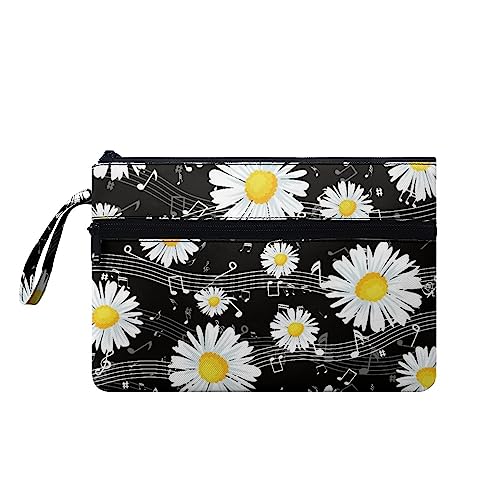 TOADDMOS Schwarze Katze Frauen Männer Handtaschen mit Handgelenk, Reise Outdoor Lagerung Handtaschen Doppel Reißverschluss Make Up Taschen Große Kapazität, Musiknote Gänseblümchen Blumen, Medium von TOADDMOS