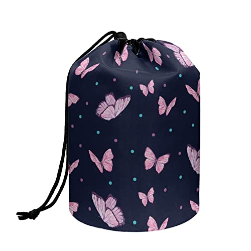 TOADDMOS Stilvolle Make-up-Tasche mit Kordelzug, Reise-Kosmetiktasche, tragbarer Kulturbeutel, Organizer für Frauen und Mädchen, Pink Butterfly Galaxy, Einheitsgröße, Kosmetikkoffer von TOADDMOS