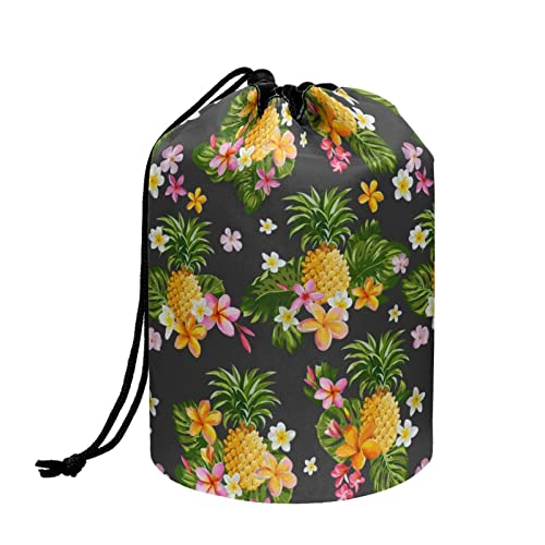 TOADDMOS Stilvolle Make-up-Tasche mit Kordelzug, Reise-Kosmetiktasche, tragbarer Kulturbeutel, Organizer für Frauen und Mädchen, Tropische Ananas-Blumen, Einheitsgröße, Kosmetikkoffer von TOADDMOS