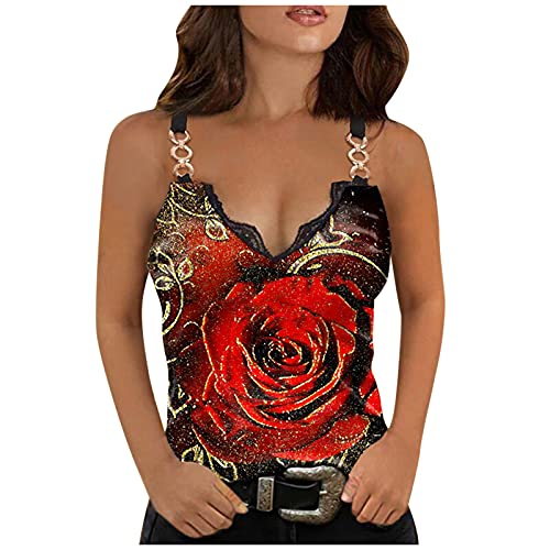 TOALOL Damen Hosenträger Weste Wickelshirt Bedruckte V-Ausschnitt Oberteil Ärmellose Tank Top Sexy Weste Mode T-Shirt Tunika Party Lässige Basic Blusen Top Leibchen mit Spitze (rot4, L) von TOALOL