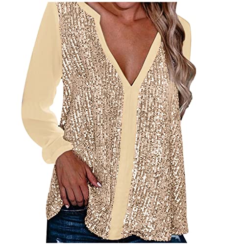 TOALOL Glitzer Oberteil Damen Sommerbluse Sexy Mode T-Shirt Tunika Bluse Langarm V-Ausschnitt Pullover Lässige Frühling Streetwear Locker Party Festliche Blusen Damen zur Hochzeit (Gold, L) von TOALOL