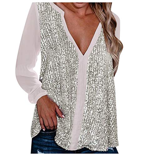 TOALOL Glitzer Oberteil Damen Sommerbluse Sexy Mode T-Shirt Tunika Bluse Langarm V-Ausschnitt Pullover Lässige Frühling Streetwear Locker Party Festliche Blusen Damen zur Hochzeit (Rosa, XL) von TOALOL